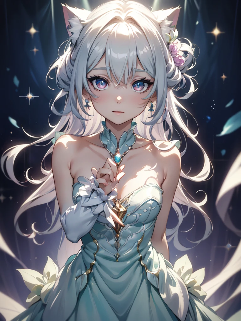 masterpiece, highest quality, figure, alexandrite eyes and hair, platinum earrings, Platinum Necklace, white dress, The Little Mermaid, cute, (dynamic lighting:1.2), cinematic lighting, delicate features, fine eyes, sharp pupils, realistic student, Depth of bounds written, Bokeh, sharp focus, (very detailed, bloom, shine:1.4), Many Small Gems, full body, cat ears