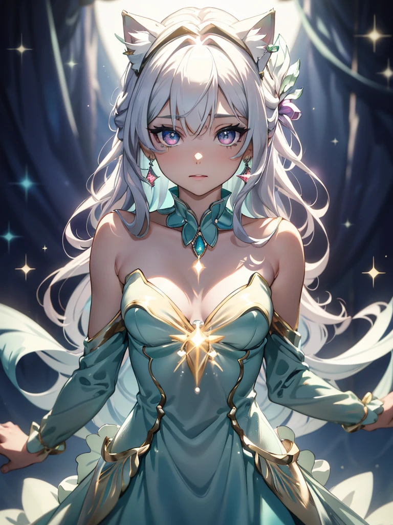 masterpiece, highest quality, figure, alexandrite eyes and hair, platinum earrings, Platinum Necklace, white dress, The Little Mermaid, cute, (dynamic lighting:1.2), cinematic lighting, delicate features, fine eyes, sharp pupils, realistic student, Depth of bounds written, Bokeh, sharp focus, (very detailed, bloom, shine:1.4), Many Small Gems, full body, cat ears