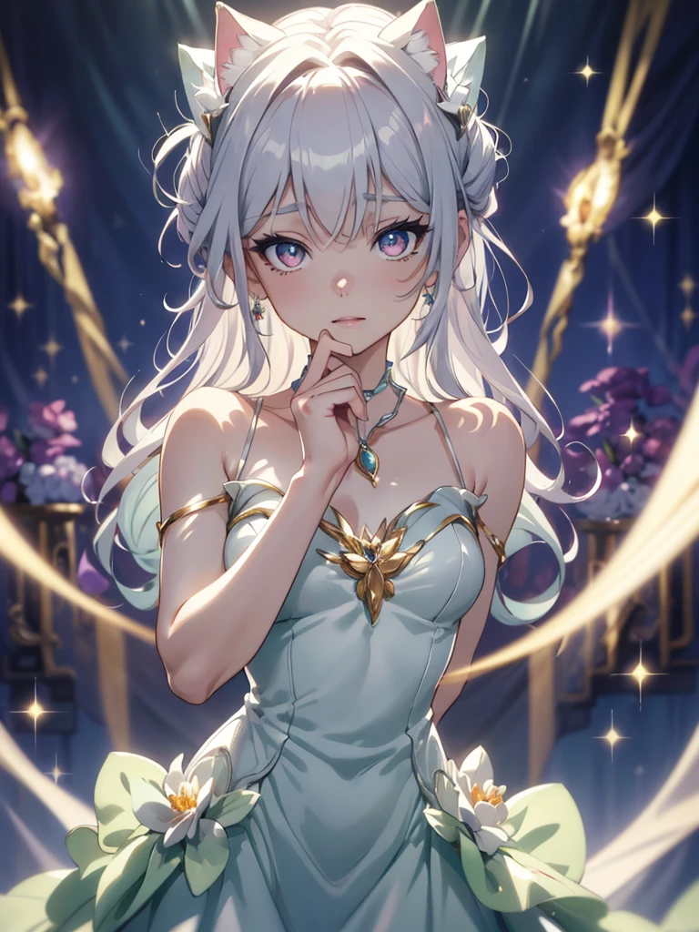 masterpiece, highest quality, figure, alexandrite eyes and hair, platinum earrings, Platinum Necklace, white dress, The Little Mermaid, cute, (dynamic lighting:1.2), cinematic lighting, delicate features, fine eyes, sharp pupils, realistic student, Depth of bounds written, Bokeh, sharp focus, (very detailed, bloom, shine:1.4), Many Small Gems, full body, cat ears