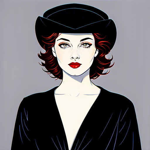 (Masterpiece Art:1.1), (Best Quality), Woman with WHITE GLAMOROUS VINTAGE SQUARE NECK DRESS LONG SLEEVES dress and lipstick, WIDE BRIMMED BLACK HAT, LADY DIMITRISCU, PALE, greybackground, Art style by Patrick Nagel, Beautiful, highly detailed painting, (highly detailed slopes), (Detailed face), (Detailed eyes:1.1) modelshoot, Professional Photography, Official art, Synth Wave, androgyny, 8K, hard disk, High quality, awardwinning, SHORTHAIR, LONG CLAWS ON RIGHT HAND