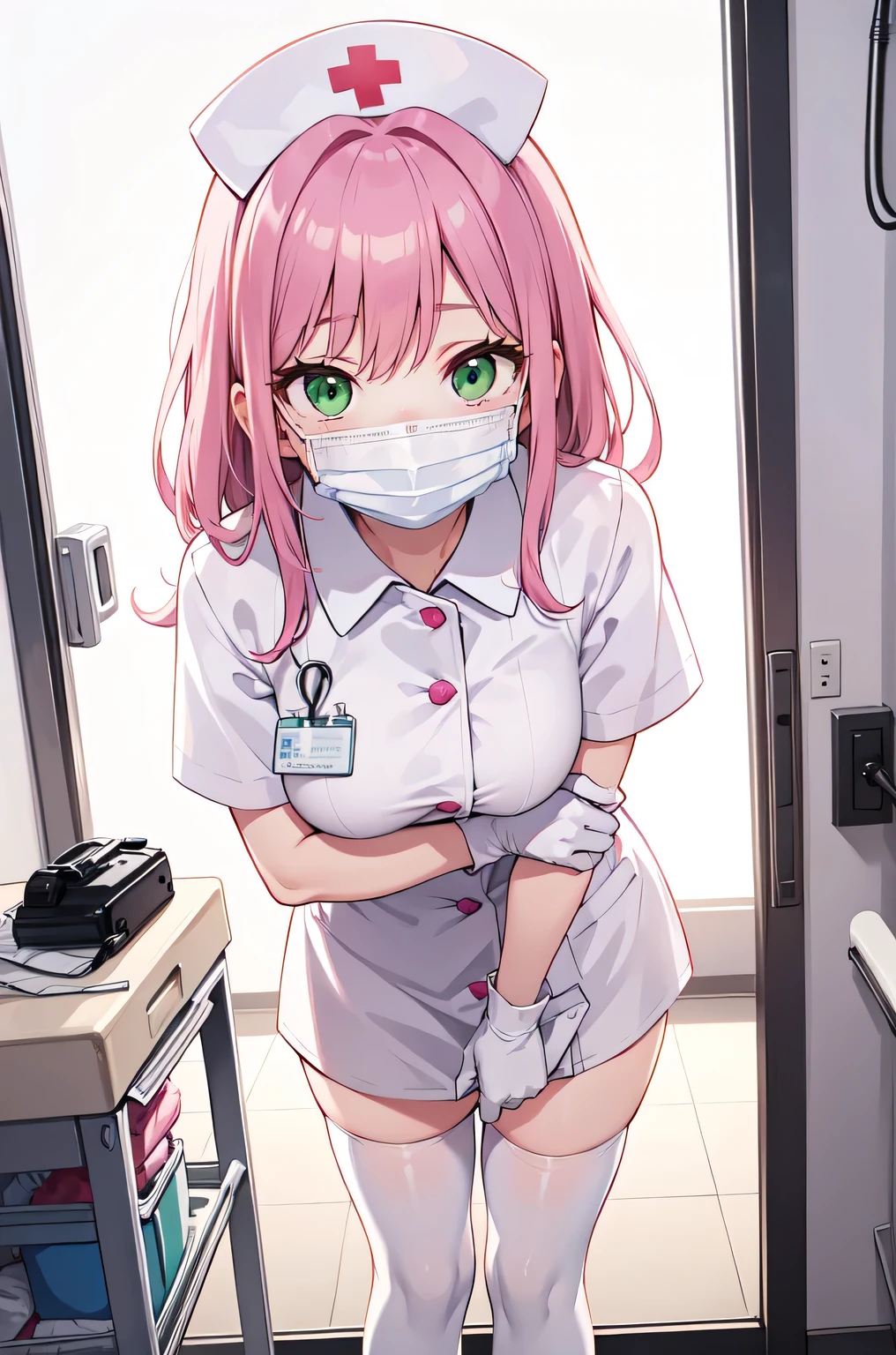 1woman, solo, nurse, white nurse cap, white nurse uniform, ((white legwear, zettai ryouiki)), white gloves, pink hair, green eyes, drooping eyes, ((white surgical mask, covered nose)), standing, ((hospital room)), sharp outline, short sleeves, mature female, 32 years old, best quality, masterpiece