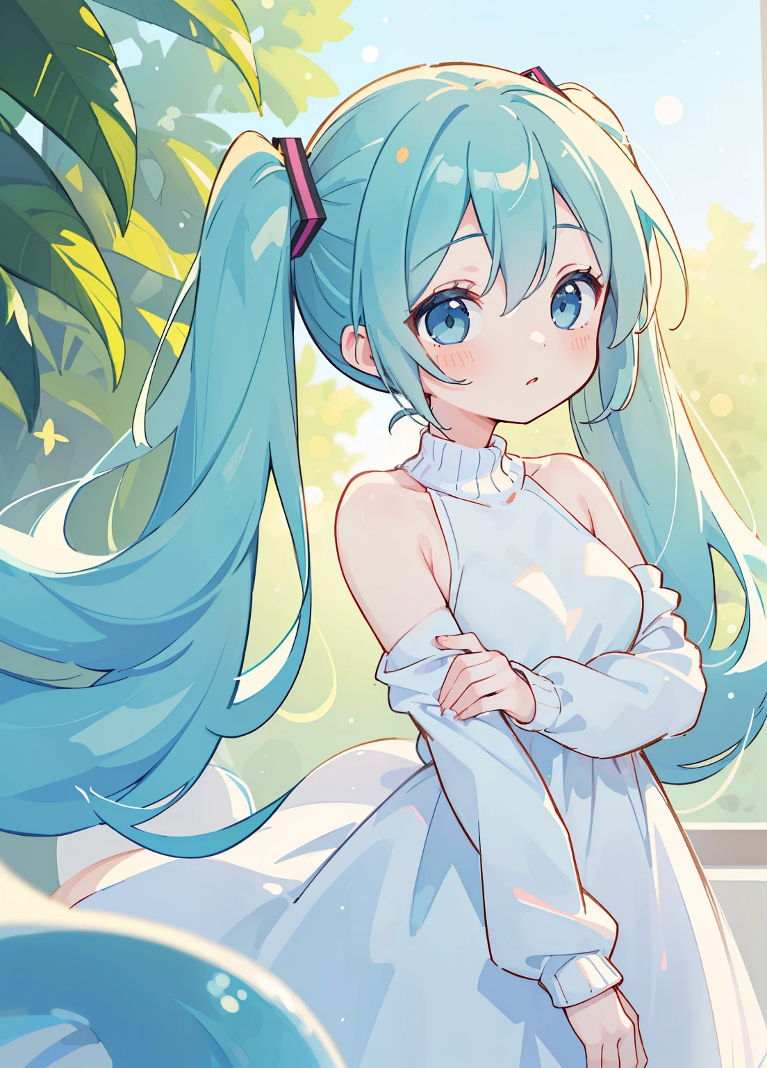(masterpiece、Highest quality、Highest quality、Official Art、Beautiful and beautiful:1.2)、(One girl:1.3)Hatsune Miku、Twin tails,Beautiful breasts,One girl, (alone:1.2), ((masterpiece)), slim, , Pale skin, ((Fine grain)), (Bokeh effect), (Bare shoulders), Underarm,A simple white loose sweatshirt in light blue,It's small and cute.,It's a