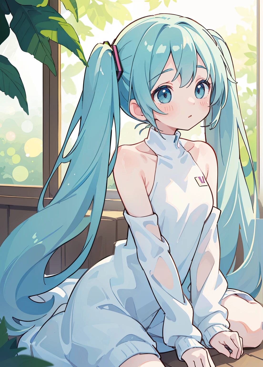 (masterpiece、Highest quality、Highest quality、Official Art、Beautiful and beautiful:1.2)、(One girl:1.3)Hatsune Miku、Twin tails,Beautiful breasts,One girl, (alone:1.2), ((masterpiece)), slim, , Pale skin, ((Fine grain)), (Bokeh effect), (Bare shoulders), Underarm,A simple white loose sweatshirt in light blue,It's small and cute.,It's a