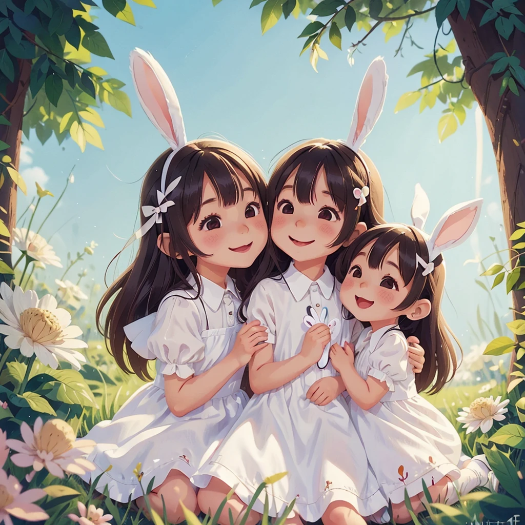 White thin silk dress、5 year old s with long rabbit ears、Anime Style、Little Bunny Girl、Two young children smiling and embracing each other、Simple illustration
