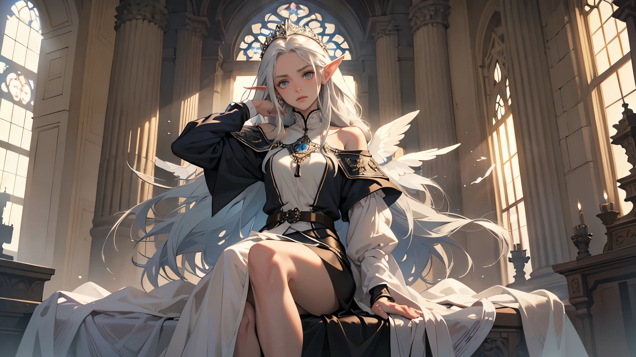 masterpiece, ultra detailed, 8K Portrait, Raw photo, a portrait photo of girl, Highly detailed face, beautiful and meticulous eyes, ((Fantasy)), (elf:1.0), 1woman, 40 year old, gray long hair, brown eyes, (melancholy expression:1.2), tiara, skinny, (ultra thin see-through dark blue silk dress), hooded long white coat Fluttering in the wind, ((bare foots)), Midday Sun, Hyper realistic, out of medieval white castle in the sky, sitting on the throne, Ambient lighting, Shadow details , strong breeze, Light fog, (divine:1.5),