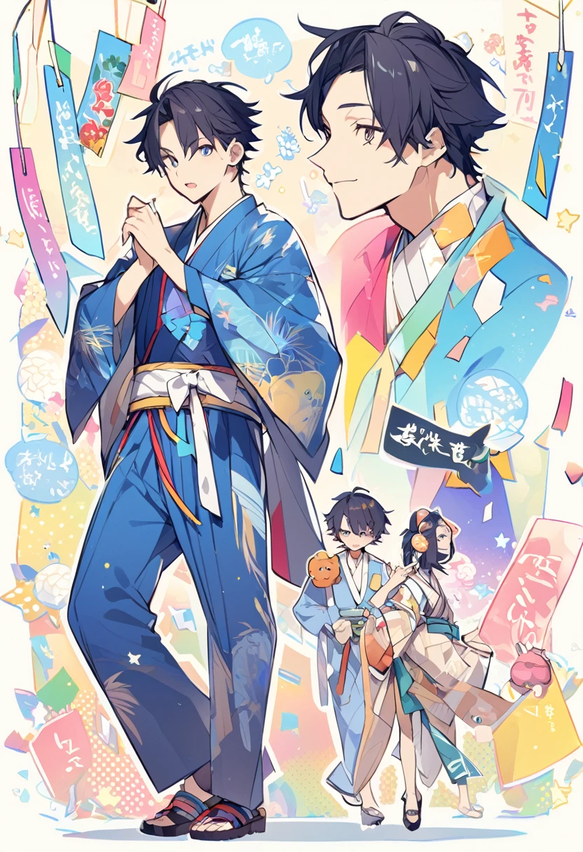 Tanabata Hikoboshi、Blue kimono full body、Please draw a cool guy