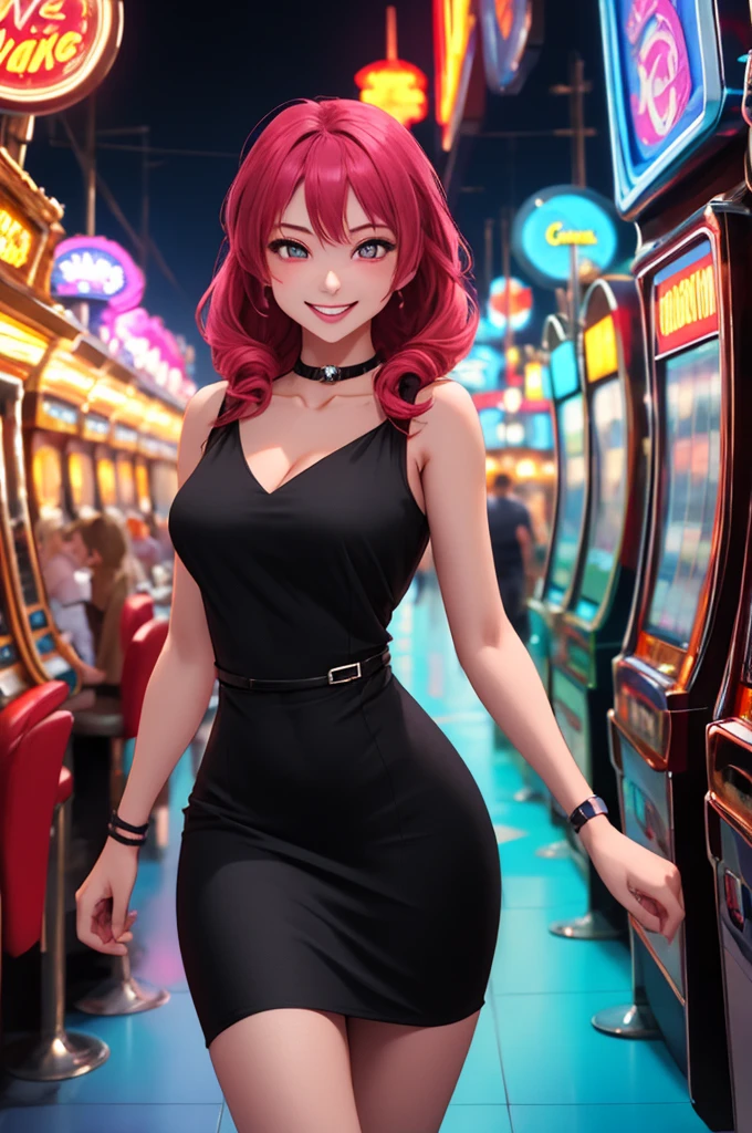 Masterpiece, best quality, 1 dealer girl, alone, look at viewer, chest, mature woman, collarbone, Random Hairstyles, cyberpunk, neon light, In the building, Casino, black tight dress, depth of field, playful mood,Big smile