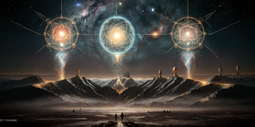 steampunk painting, ((unification of man, neural networks and wildlife)), in a bizarre mystical landscape, works by Breton, Carrington, Dahl, Ernst, Feeney, Magritte, Oppenheim and Picasso, complex details, oil on canvas, award-winning, masterpiece, romanticism, D&D, fantasy, trending on artstation, 4K, 8K, covered with a complex and bright cosmic pattern. The pattern should include swirling galaxies, bright nebulae, the general atmosphere should evoke the feeling of an endless universe, the combination of a bicycle and artificial intelligence, meeting with modern technologies in a harmonious combination.