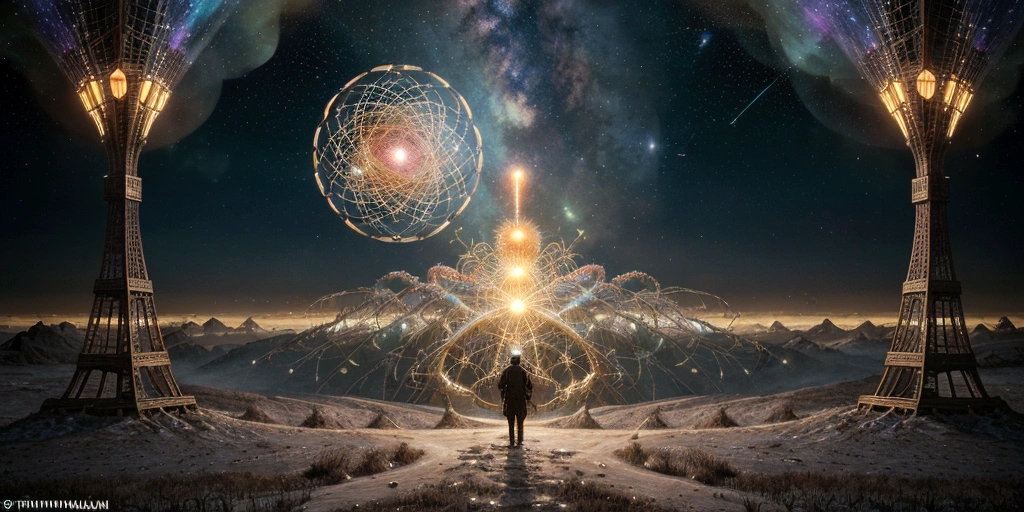 steampunk painting, ((unification of man, neural networks and wildlife)), in a bizarre mystical landscape, works by Breton, Carrington, Dahl, Ernst, Feeney, Magritte, Oppenheim and Picasso, complex details, oil on canvas, award-winning, masterpiece, romanticism, D&D, fantasy, trending on artstation, 4K, 8K, covered with a complex and bright cosmic pattern. The pattern should include swirling galaxies, bright nebulae, the general atmosphere should evoke the feeling of an endless universe, the combination of a bicycle and artificial intelligence, meeting with modern technologies in a harmonious combination.