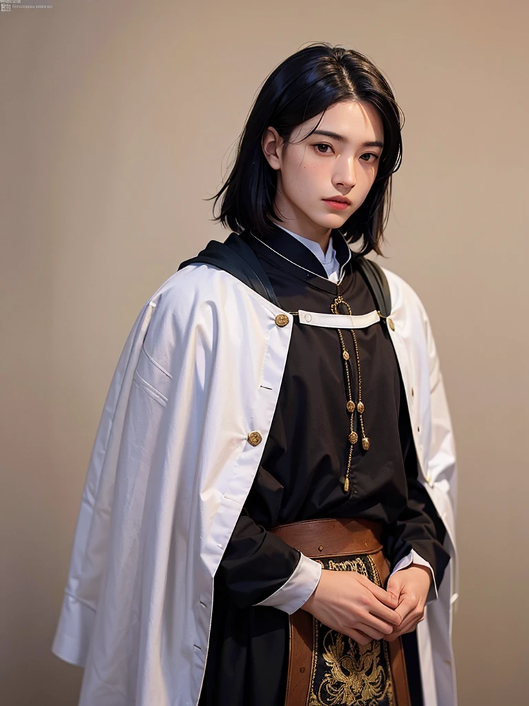 18 year old young man, medieval clothing, old clothes. black hair, black eyes, white skin, realistic skin, standing pose, portrait, realistic skin, 4k, beatifull face, short and straight hair