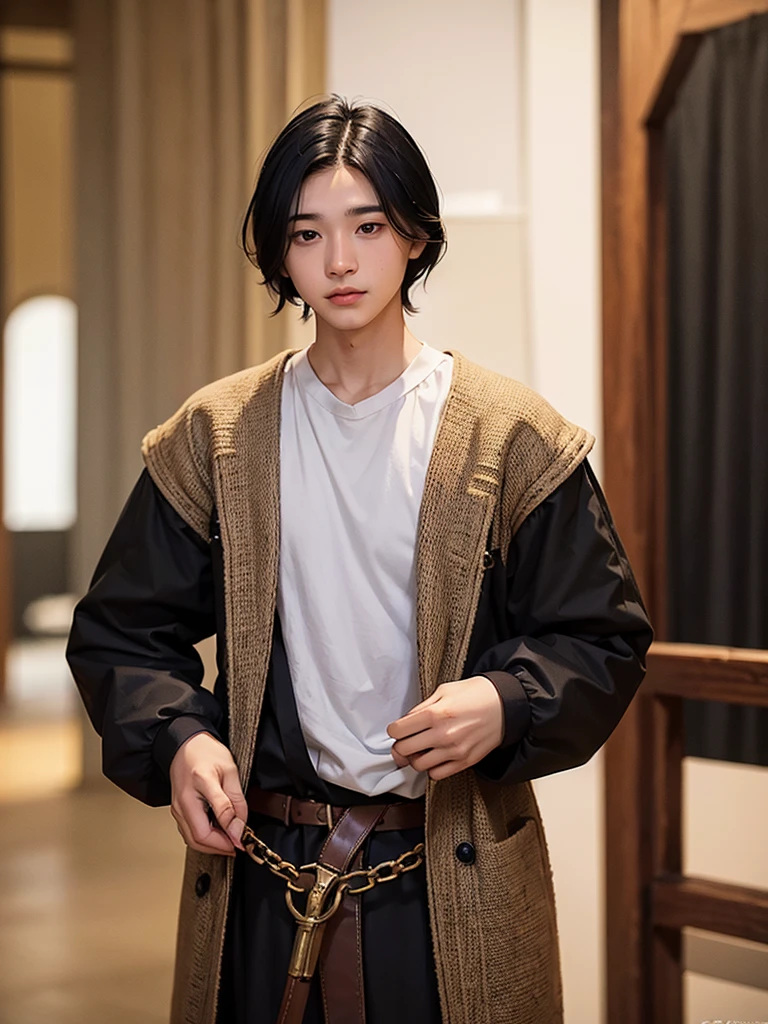 18 year old young man, medieval clothing, old clothes. black hair, black eyes, white skin, realistic skin, standing pose, portrait, realistic skin, 4k, beatifull face, short and straight hair