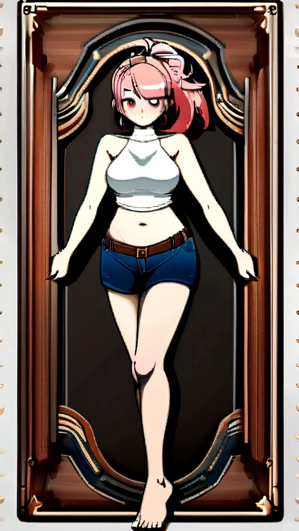 (sleeveless lace shirt),Short sleeve,Good,Original, close up, Steampunk, ((Gear giant ship background, Precision gear deck)), Full body portrait, Very detailed wallpaper, Very detailed illustrations, (1 girl), Perfect female body, Beautiful Eye, (offlicate face), (Express), Eye, Shock, ((pirate Hat, pirate Suit, Open your clothes to reveal your belly button)), ((pirate, Classical Complex and Luxurious pirate Ship)), (red lips), (Bare legs, barefoot, barefoot, on deck, Sitting on the mechanical box, barefoot, offlicate barefoot) , (offlicate black gloves), (White skin), (Optimal lighting), (Super intricate details), 4k unity, (Ultra-detailed CG), Girl with white hair and white legs, High ponytail hairstyle, ((((Good practice))), Succubus tattoo on lower abdomen, Tight and low waist, shorts, Pantyhose, Full body image, Happy laughter, Shy, Express, There is a heart in the eye, (Eye details), Sexy Long Legs, Thin waist, Sweat drips down my waist, Showing belly, Extremely detailed depiction, Pink Hair, Asymmetrical bangs, Transparent clothes, Hands on thighs, Move your eyes away, 8k resolution, Raise an eyebrow, shiny hair, Flower head, Wristbands, Bandage single ponytail, insult, High Ponytail, Tall and big, Long legs, (sleeveless lace shirt), (shorts), (Striped )), ((Striped )), Walk, elegant, dignified, miss, Beautiful curves, sweet smile, Strong sense of detail and layering, colour丰富绚丽, Has a unique texture, rich and colourful, colour, vivid, offsign Art, 16K, Super detailed, {{illustration}}, {Extremely refined}, {Exquisite surface treatment}, Super detailed, offlicate and shining Eye, {{Light}}, Ultimate light effect, Model: Realism, CFG size: 12, Laura: Bright texture (1.35), high quality, masterpiece, Exquisite facial features, offlicate hair depiction, offtailed description of Eye, masterpiece, best quality, Light line tracing, Extremely detailed CG unified 8k wallpaper, masterpiece, best quality, (1 girl), Perfect Miss Body, (((tight white t shirt))), Beautiful Eye, (off