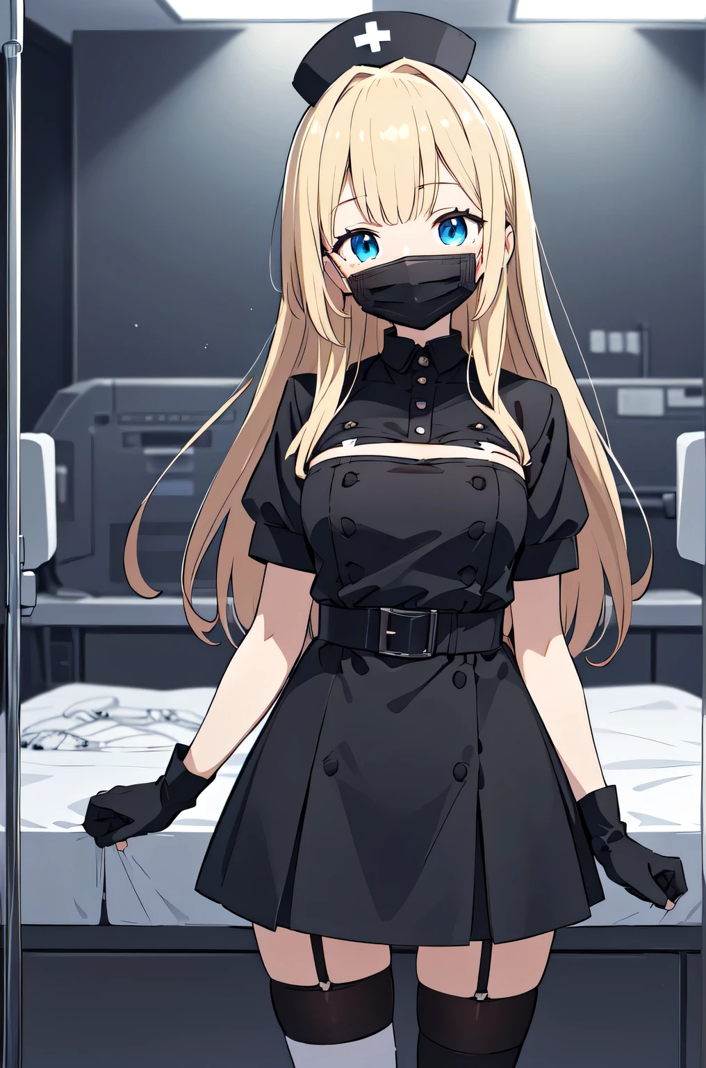 black nurse, 1woman, solo, black nurse cap, black nurse uniform, ((black legwear, zettai ryouiki)), black elbow gloves, blonde hair, blue eyes, ((black surgical mask, covered nose)), standing, ((surgery room)), sharp outline, short sleeves, mature female, 35 years old, best quality, masterpiece