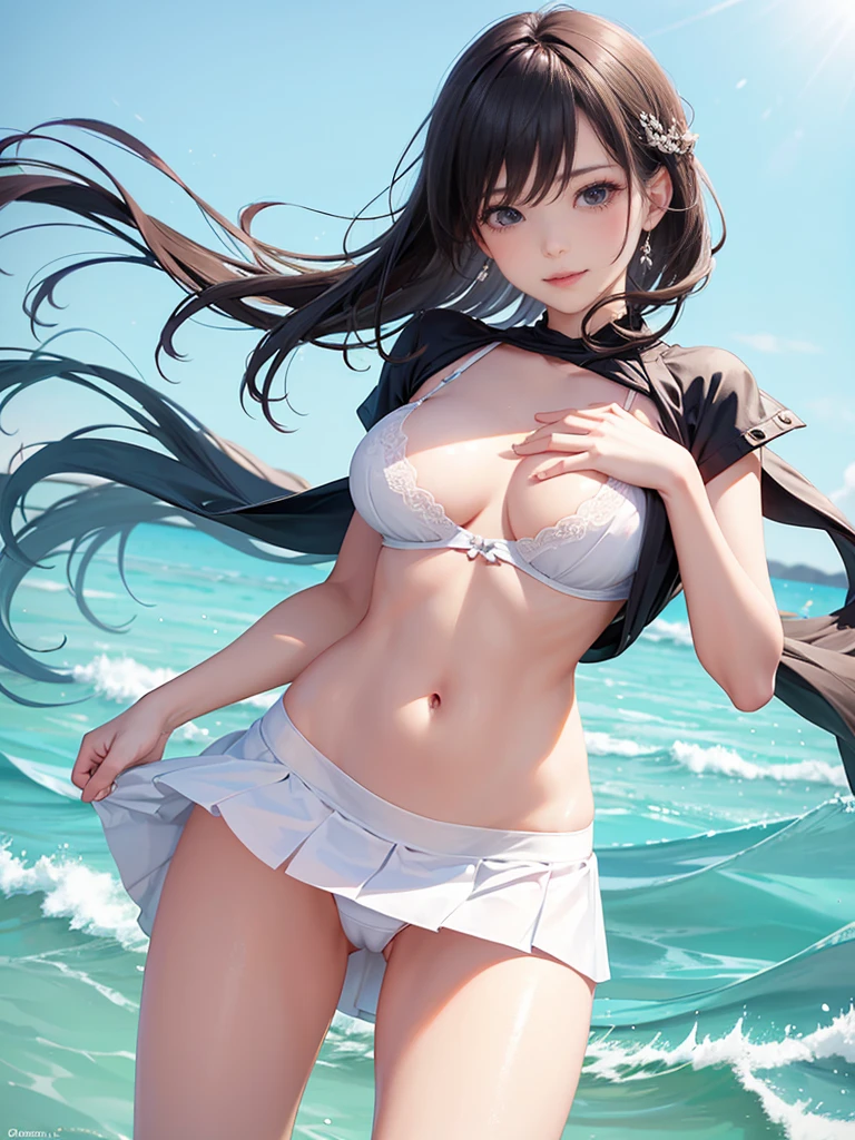 raw photo, 1girl, cute face, beautiful face, medium breast, pussy, nipple, light smile, detailed skin, simple background, Above the knee, (skirt lift:1.2), skirt lift pov, panty pull, shirt lift up, bra lift up, constricted waist, shirt_lift, skirt_lift, shiny skin, frontal face, wallpaper, emphasize the chest, blush, shy, photorealistic, depth of field, masterpiece, best quality, anatomically correct, super detail, textured skin, accurate