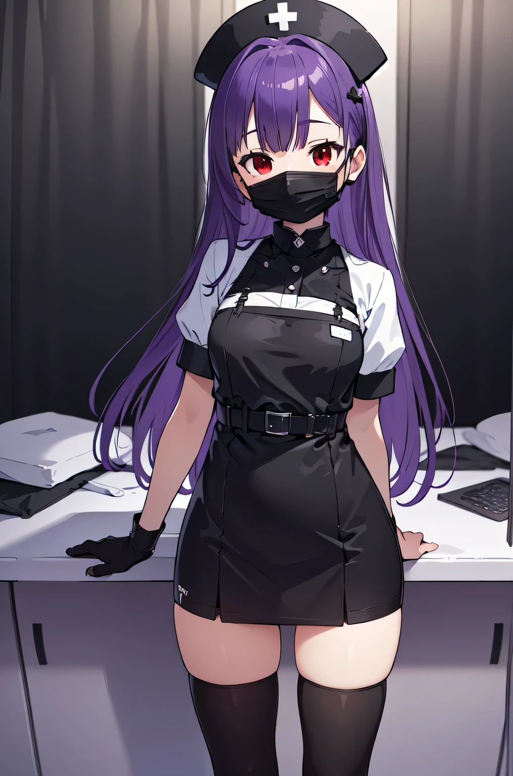 black nurse, 1woman, solo, black nurse cap, black nurse uniform, ((black legwear, zettai ryouiki)), black elbow gloves, long hair, purple hair, red eyes, ((black surgical mask, covered nose)), standing, ((surgery room)), sharp outline, short sleeves, mature female, 35 years old, best quality, masterpiece