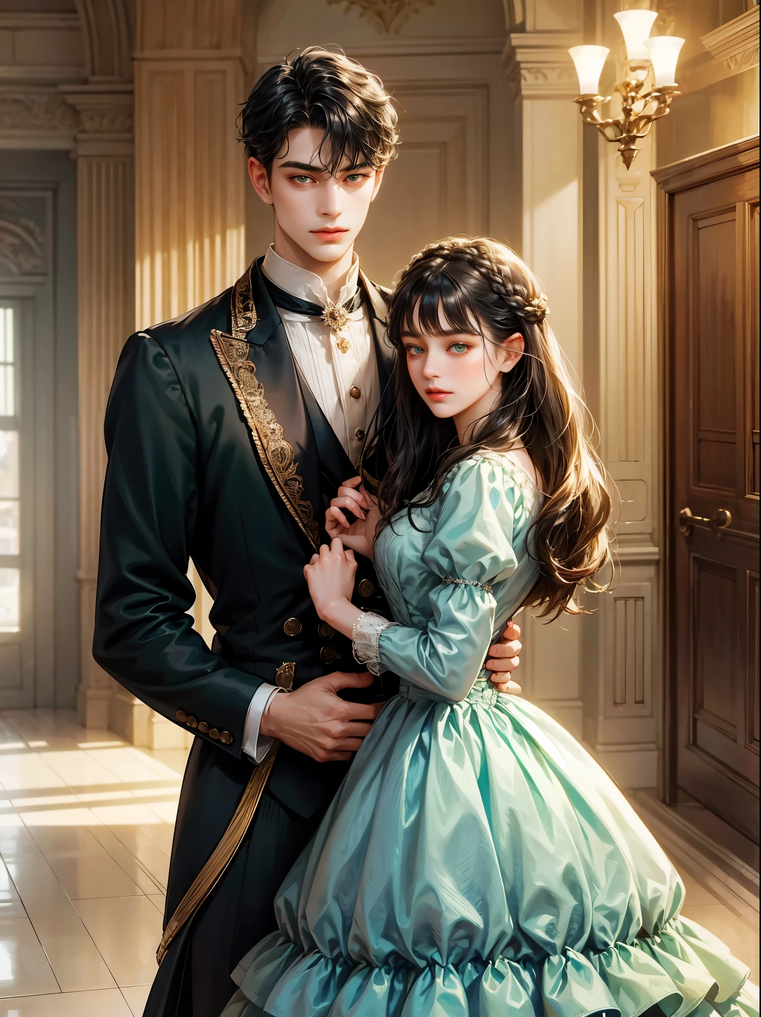 Couple, 1 girl 1 boy. Different hair color, medium black hair with bangs and green eyes, Victorian era dress , short bonde hair, wavy hair and (sky blu eyes) , male Victorian era dress. They look at the viewers, height different, detailed face, detailed hands. Background inside of a hall