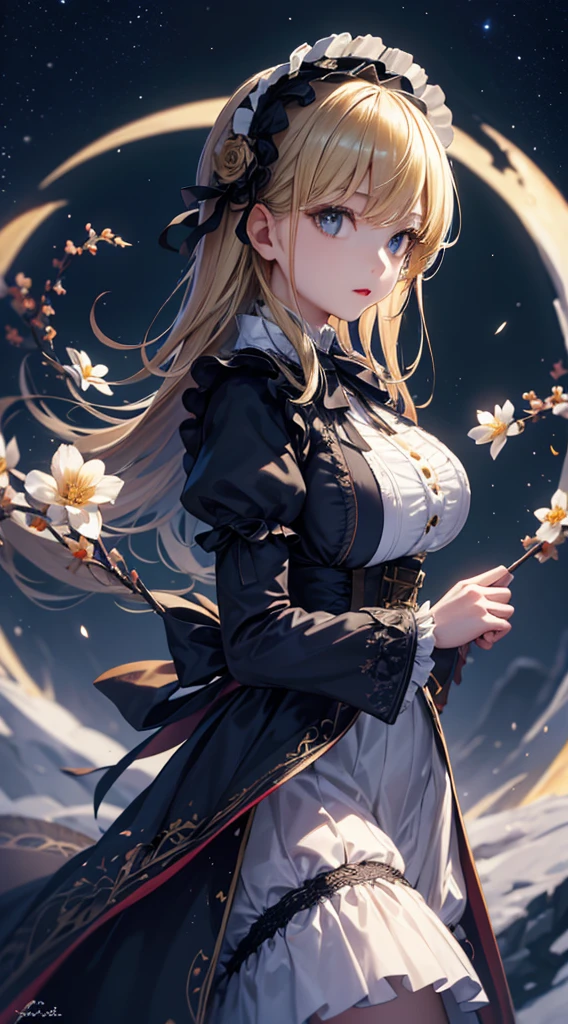 masterpiece, high quality, 4K, Beautiful design, silhouette,blonde, 非常に詳細な夜のStarry Sky,Flower Field, wonderful, Finer details, Very knowledgeable woman, Highly detailed solo, 1 female,Big Breasts,Gothic Lolita Fashion,Night view,Starry Sky,full moon,