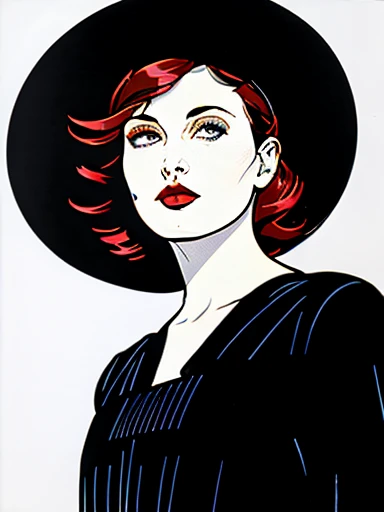 (Masterpiece Art:1.1), (Best Quality), Woman with WHITE GLAMOROUS VINTAGE SQUARE NECK DRESS LONG SLEEVES dress and lipstick, WIDE BRIMMED BLACK HAT, LADY DIMITRISCU, PALE, greybackground, Art style by Patrick Nagel, Beautiful, highly detailed painting, (highly detailed slopes), (Detailed face), (Detailed eyes:1.1) modelshoot, Professional Photography, Official art, Synth Wave, androgyny, 8K, hard disk, High quality, awardwinning, SHORTHAIR, LONG CLAWS ON RIGHT HAND