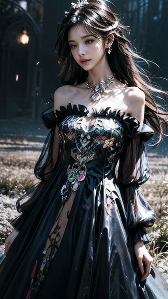 64K, ultra hd, masterpiece, 1 girl, (ibeautiful face:1.4), detailed eyes, very long hair, impressive hairstyle, earings, necklace, small breasts, (black dress:1.5), (fantasy dress:1.5) Light-colored foundation brings out the transparency of the skin, (in the wonderland:1.5), mystery, diwali lights, glowing lights, very decoration, The lights falls like water, perfect body, standing 