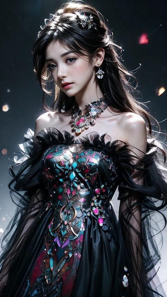 64K, ultra hd, masterpiece, 1 girl, (ibeautiful face:1.4), detailed eyes, very long hair, impressive hairstyle, earings, necklace, small breasts, (black dress:1.5), (fantasy dress:1.5) Light-colored foundation brings out the transparency of the skin, (in the wonderland:1.5), mystery, diwali lights, glowing lights, very decoration, The lights falls like water, perfect body, standing