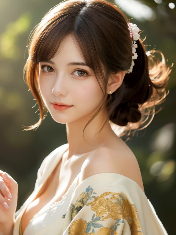 19 year old young woman, masutepiece, Best Quality, Illustration, Ultra-detailed, finely detail, hight resolution, 8K Wallpaper, Perfect dynamic composition, Beautiful detailed eyes, Kimono, Off-shoulder, cleavage, Full body
