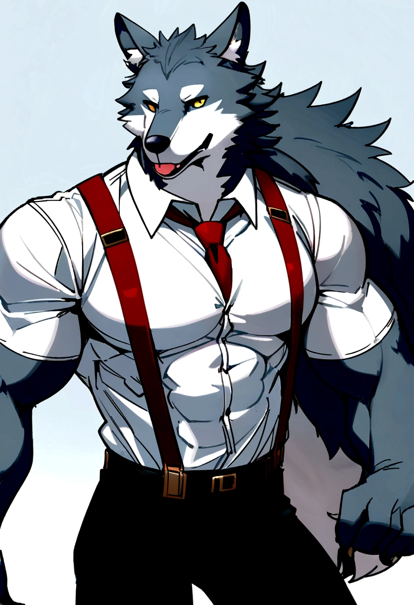 Tall, moderately muscular, wolf, anthro, furry, gray fur, white shirt on wolf, red tie on wolf, suspenders on wolf, black trousers on wolf, happy, no hairstyle. Human man standing nearby, moderate size difference, casual suit.