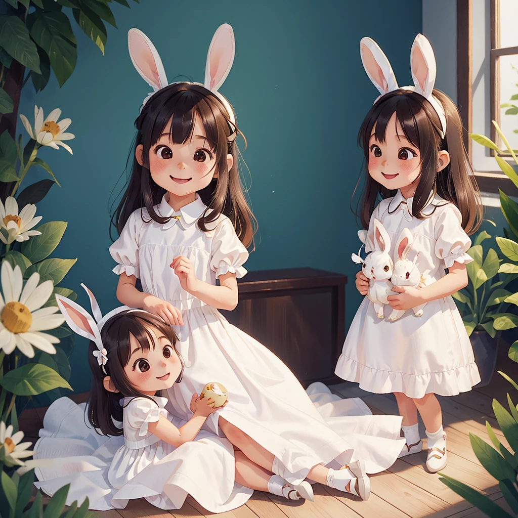 5 year old little girls with long rabbit ears、Little Bunny Girl、Two young children smiling and embracing each other、White thin silk dress、Anime Style