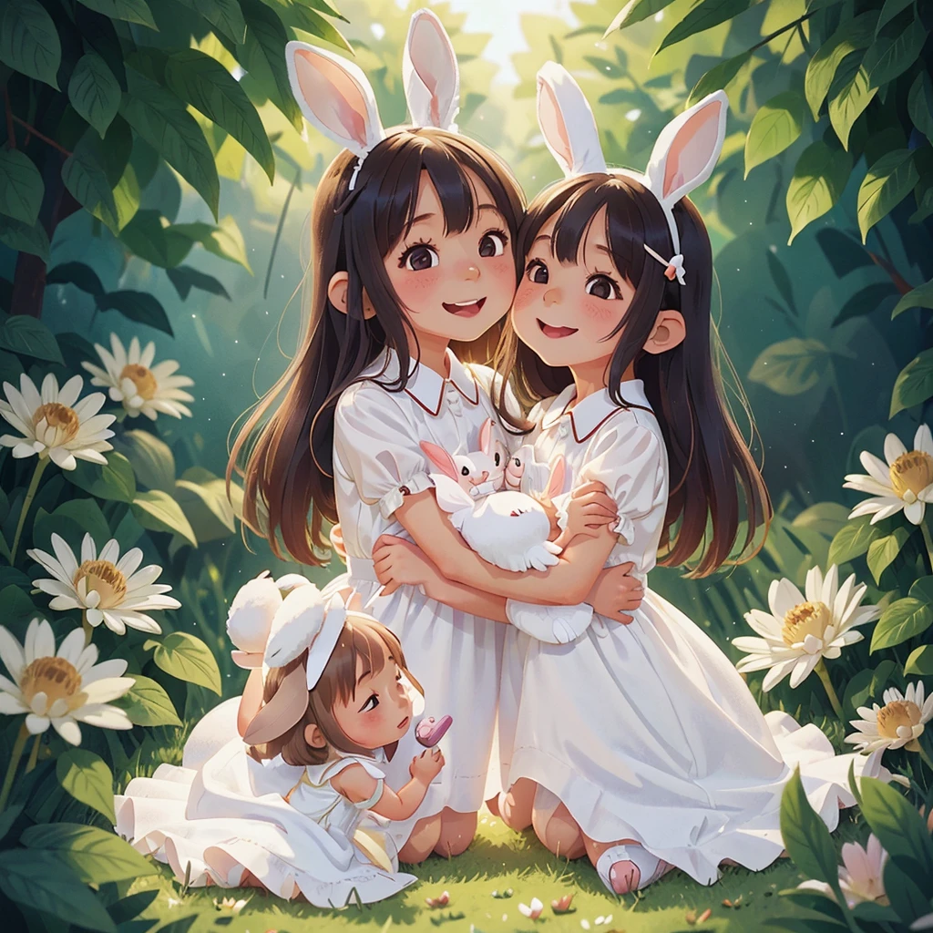 White thin silk dress、5 girls with long rabbit ears、Anime Style、Little Bunny Gi young children smiling and g each other、Simple illustration