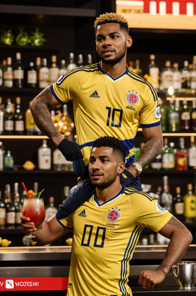 Create an advertising image where I invite people to watch the live broadcast of the Colombia match with cocktail promotion in the cafe