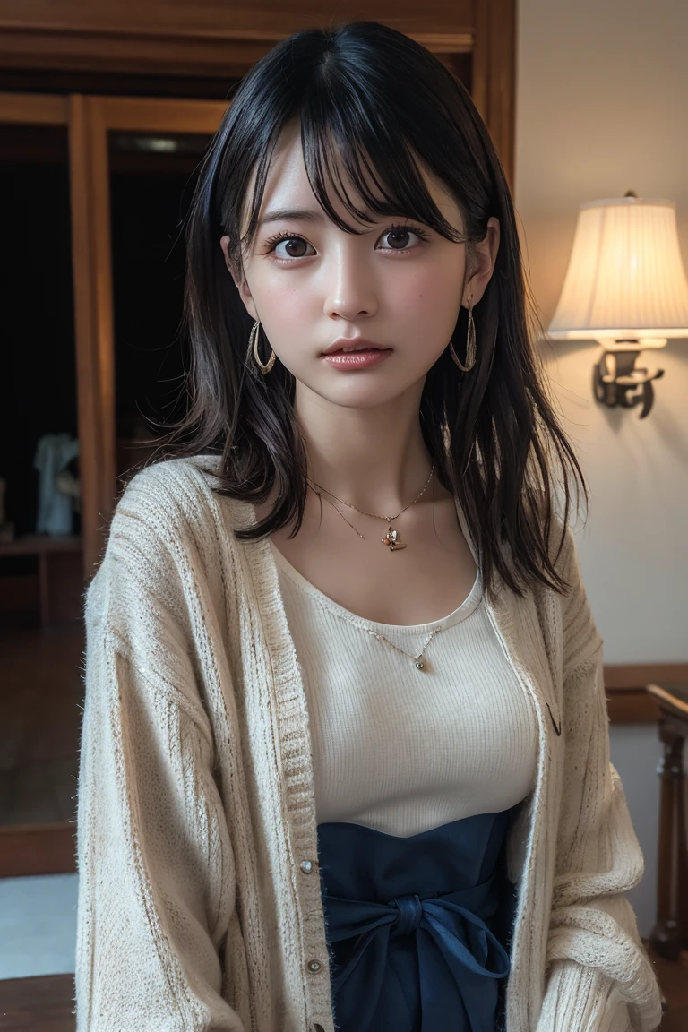 (Highest quality:1.4),(masterpiece:1.4),(Realistic:1.4),(Realistic:1.2),(超High resolution, RAW Photos:1.4),(High resolution, Ultra-detailed:1.2),(8K:1.2),View your viewers,Cinematic photography,One girl,skeletally correct,Black-haired woman,(Small earrings,necklace,Summer knitwear,View from the front),(Western-style building interior,Dimly lit room,The lamplight shines on my cheeks)