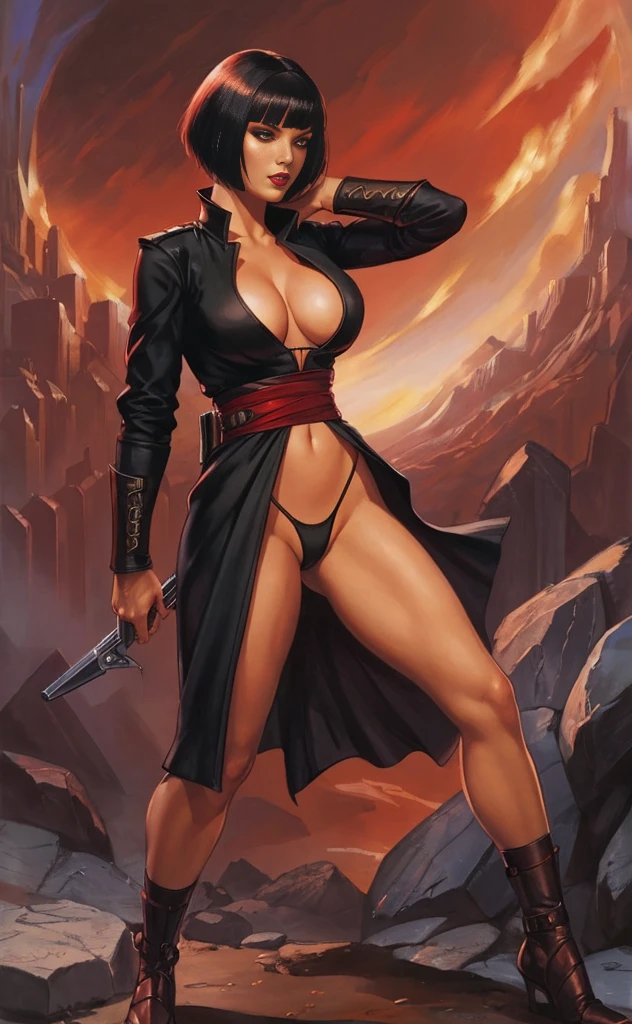 1girl, female assassin, asymmetric bobcut hair, full body shot, clyde caldwell, red lips, thong, cleavage, black hair, red eyes