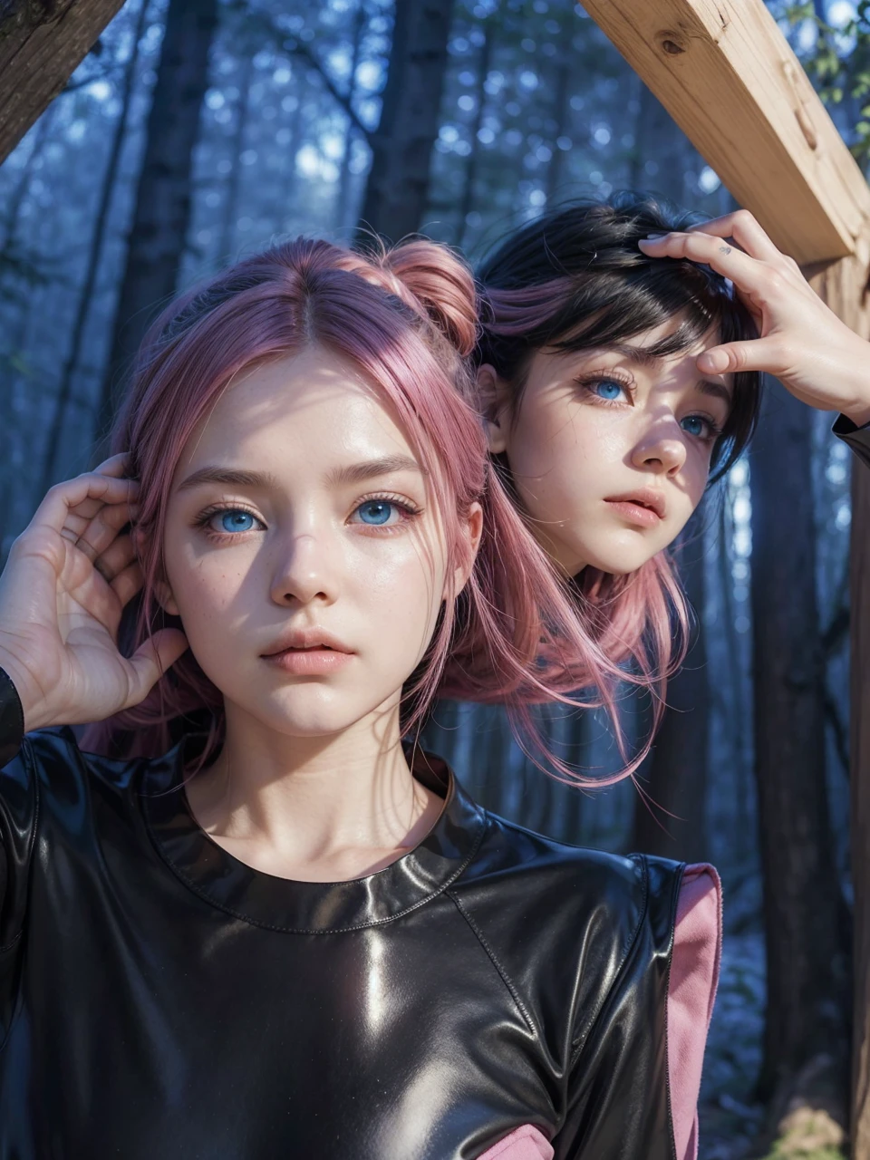 Um zerosui semitransparent, Good velvet, zero suit, sharp contrast, godrays, blue colored eyes, pink hair, forest background, absolute intensity,