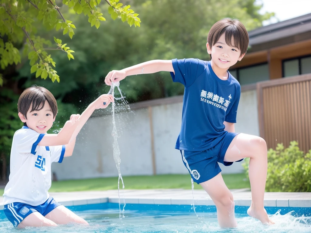 夏休みのprimary school校、Pool、primary school5Grade、Japan Boy、Glowing water splashes、A good boy dripping with water、hot day、Two Boys、Various poses、Short sleeve gym uniform、Blue shorts、physical education、barefoot,(Boy 1.4)、Boys only 、(10Age 1.4)