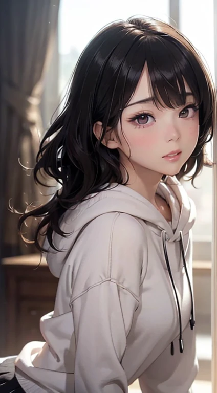 (masutepiece: 1.3), (max resolution: 1.2), (Ultra HDTV: 1.2), cinematric light, 8K resolution, Detailed eyes and skin, detailed facial features, , (Sharp Focus: 1.2), (side view:1.2),Perfect Style, Beautiful face, acurate, Anatomically correct, ノ Highly detailed facial and skin texture, Detailed eyes, Double eyelids, Thin eyebrows, glitter eyeliner: 1 Natural cheeks, Glossy skin, Fair skin: 1.2, (Glossy lips: 1.4),、 (dumb looking: 1.2),Highly detailed facial and skin texture, Detailed eyes, Double eyelids, Natural cheeks, shiny lips: 1.4,short skirt and cropped hoodie、 long silky black hair、 brown eyes、 voluptuous figure、 spacing out、1 girl thinking of something.
