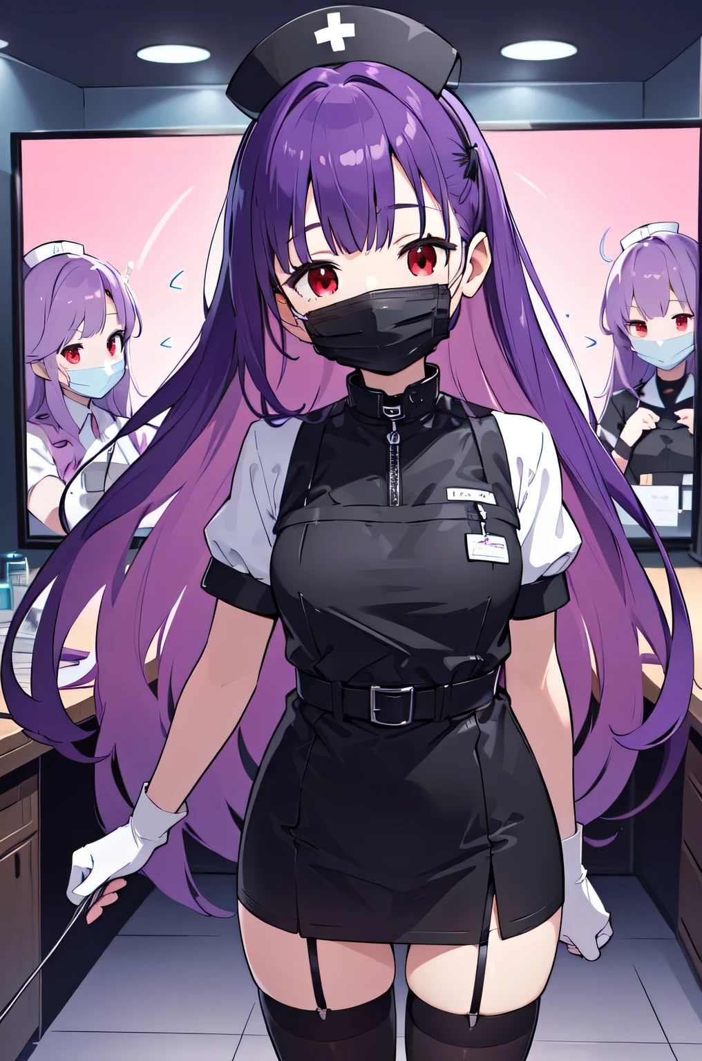 black nurse, 1woman, solo, black nurse cap, black nurse uniform, ((black legwear, zettai ryouiki)), black elbow gloves, long hair, purple hair, red eyes, ((black surgical mask, covered nose)), standing, ((surgery room)), sharp outline, short sleeves, mature female, 35 years old, best quality, masterpiece