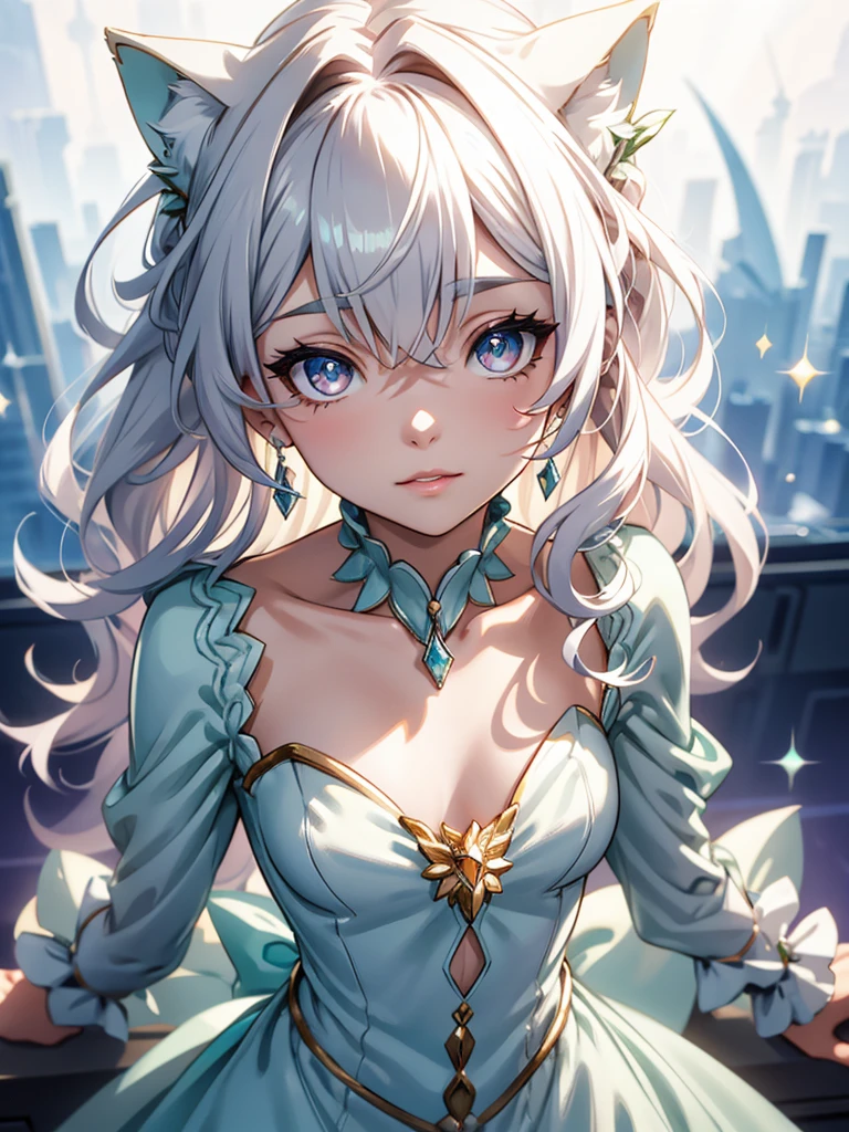 masterpiece, highest quality, figure, alexandrite eyes and hair, platinum earrings, Platinum Necklace, white dress, The Little Mermaid, cute, (dynamic lighting:1.2), cinematic lighting, delicate features, fine eyes, sharp pupils, realistic student, Depth of bounds written, Bokeh, sharp focus, (very detailed, bloom, shine:1.4), Many Small Gems, full body, cat ears, yandere, smilling