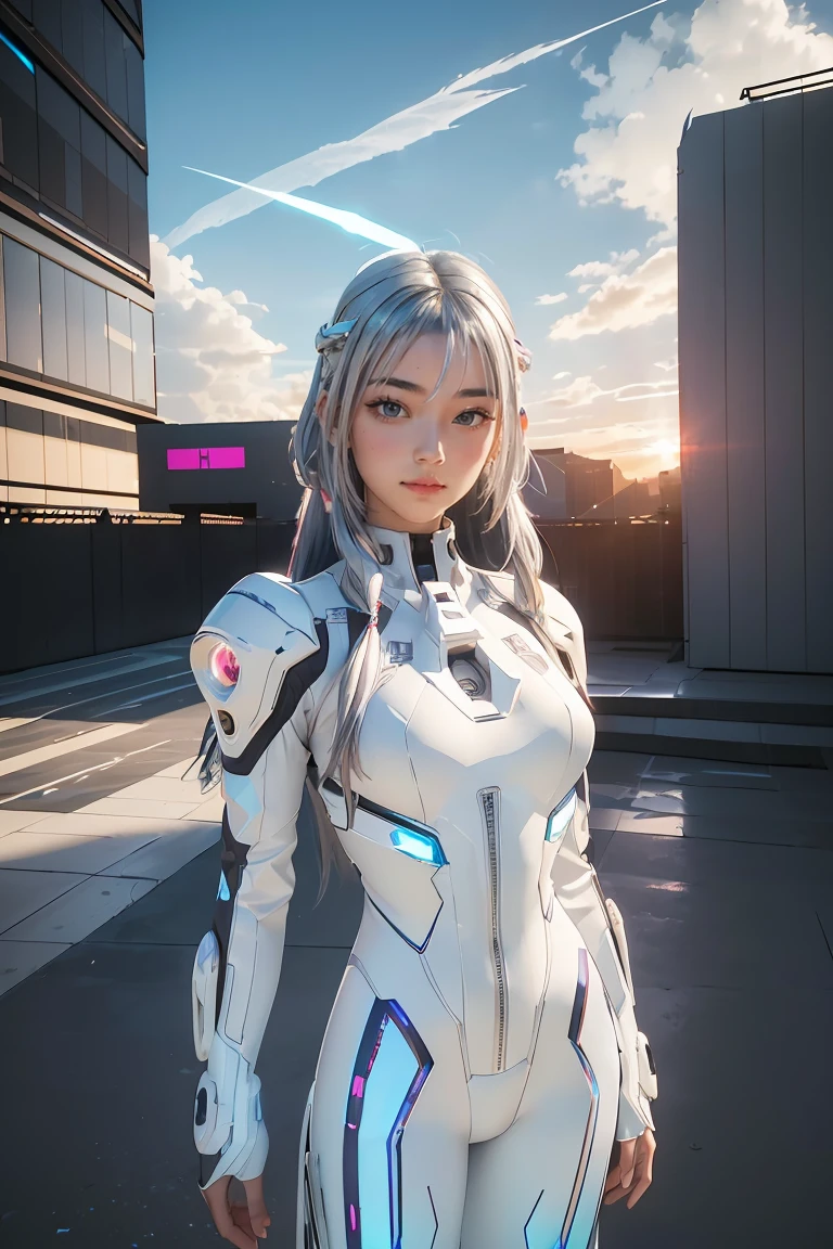 ((masterpiece, best quality, extremely detailed), volumetric lighting, ambient occlusion, colorful, glowing), 
1girl, solo, young girl, (silver hair), long hair, halo, aura, sacred, goddess, cyber suit, (white outfit:1.3), 
outdoors, sunset, sky, clouds, space, (cyberpunk theme:1.2),