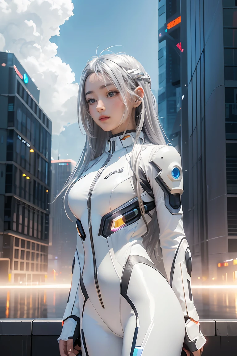 ((masterpiece, best quality, extremely detailed), volumetric lighting, ambient occlusion, colorful, glowing), 
1girl, solo, young girl, (silver hair), long hair, halo, aura, sacred, goddess, cyber suit, (white outfit:1.3), 
outdoors, sunset, sky, clouds, space, (cyberpunk theme:1.2),