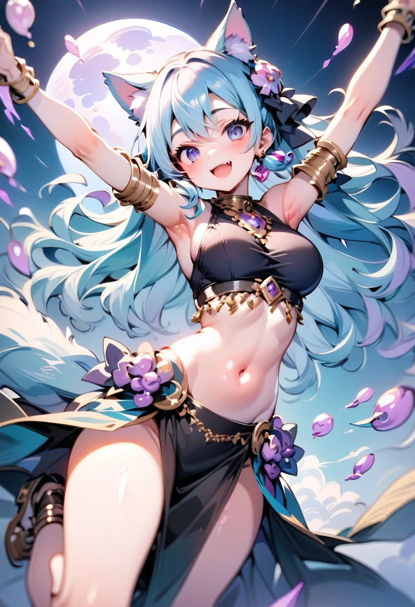 score_9,score_8,score_7,score_8_up,score_7_up1 wolf girl, iolite eyes, wolf ears, wolf tail, long hair, light smile, open mouth, cute,
bare shoulders, medium breasts,
belly dancer, pelvic curtain,
dancing, (leg up:1.1), dynamic pose, (lilac moon:1.1), diffuse reflection, updraft, fantasy,
sharp focus, looking at viewer, cowboy shot, close-up,
(lilac theme:1.3), (lilac tone:1.3), (silver tone:0.9), illustration, (anime coloring:1.1),
BREAK (masterpiece:1.2), (best quality:1.2), newest, (intricate details:1.2), ai-generated,
