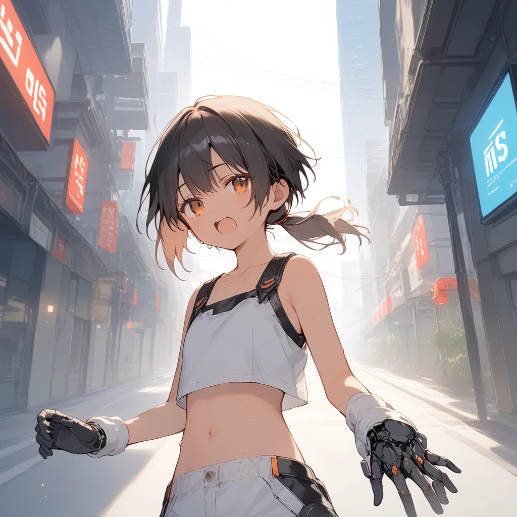 score_9, score_8_up, score_7_up, source_anime, best quality, masterpiece, official art, absurdres, highres, ultra-detailed,waifu2x,Collection: Slice of Life,break,1girl, cyborg girl, crop top cyborg armor, futuristic tech, mindcontrol device, yes covered with tech, tomboy, tanned-skinned female, short hair, low ponytail, flat chest, beautiful detailed eyes, sweat, open mouth, (yawn:0.3), sleepily, standing, futuristic city, wind, break, from bellow, (clear line illustration:1.2),very high resolution, very aesthetic, super detailed skin, Best sexual lighting powered by famous artist, 8k,cute picture,beauty illustration,photoshop_(medium),,(Detailed Lighting),best anime 8k konachan wallpaper, pixiv contest winner, 