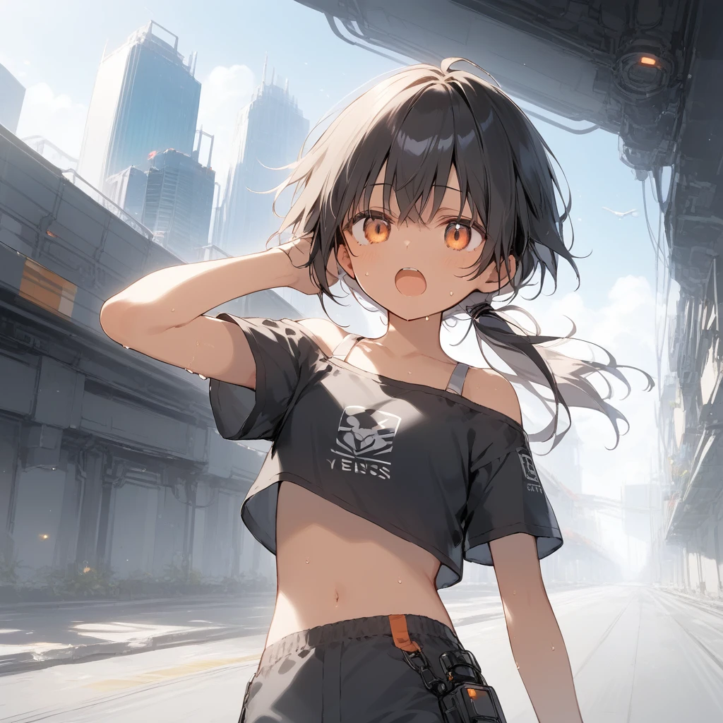 score_9, score_8_up, score_7_up, source_anime, best quality, masterpiece, official art, absurdres, highres, ultra-detailed,waifu2x,Collection: Slice of Life,break,1girl, cyborg girl, crop top cyborg armor, futuristic tech, mindcontrol device, yes covered with tech, tomboy, tanned-skinned female, short hair, low ponytail, flat chest, beautiful detailed eyes, sweat, open mouth, (yawn:0.3), sleepily, standing, futuristic city, wind, break, from bellow, (clear line illustration:1.2),very high resolution, very aesthetic, super detailed skin, Best sexual lighting powered by famous artist, 8k,cute picture,beauty illustration,photoshop_(medium),,(Detailed Lighting),best anime 8k konachan wallpaper, pixiv contest winner, 