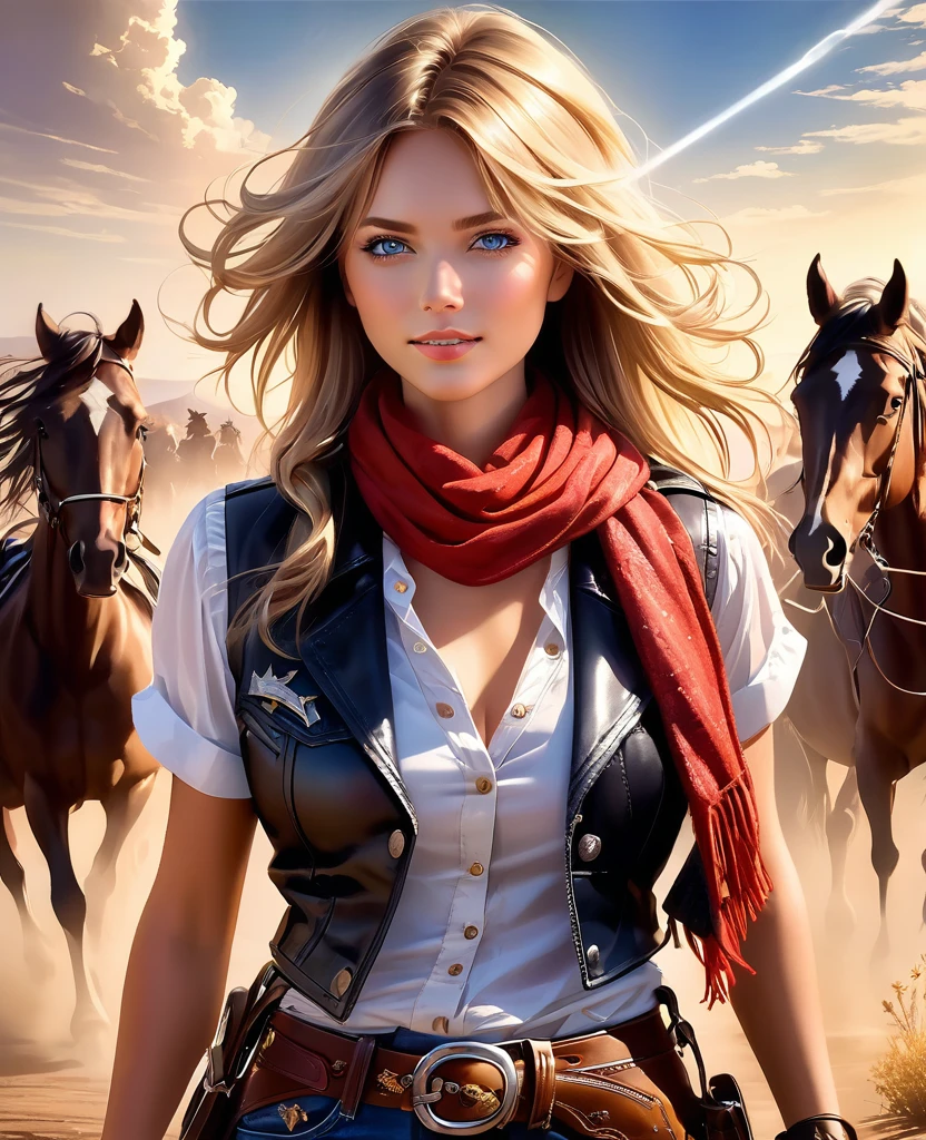 (high quality, high resolution, 8k), detailed oil painting, (1 woman, cowgirl, gunslinger, beautiful brunette with blue eyes, seductive, perfect anatomy, full body, flowing blonde hair, looking at the viewer, wide and seductive smile , with leather vest, white shirt with large neckline, shirt tied at the waist with a knot, low-cut shirt, cowboy belt with silver buckle, jeans, cowboy boots with shiny spurs, 2 revolvers on the waist, holding a Winchester 44 shotgun, star sheriff on his chest, scarf wrapped around his neck), (a black horse, thoroughbred horse, indomitable stallion rearing on two legs, skittish horse, noose tied to the saddle), (old west setting, golden hour, sun rays , beautiful landscape of the old west, leaving a large trail of dust)