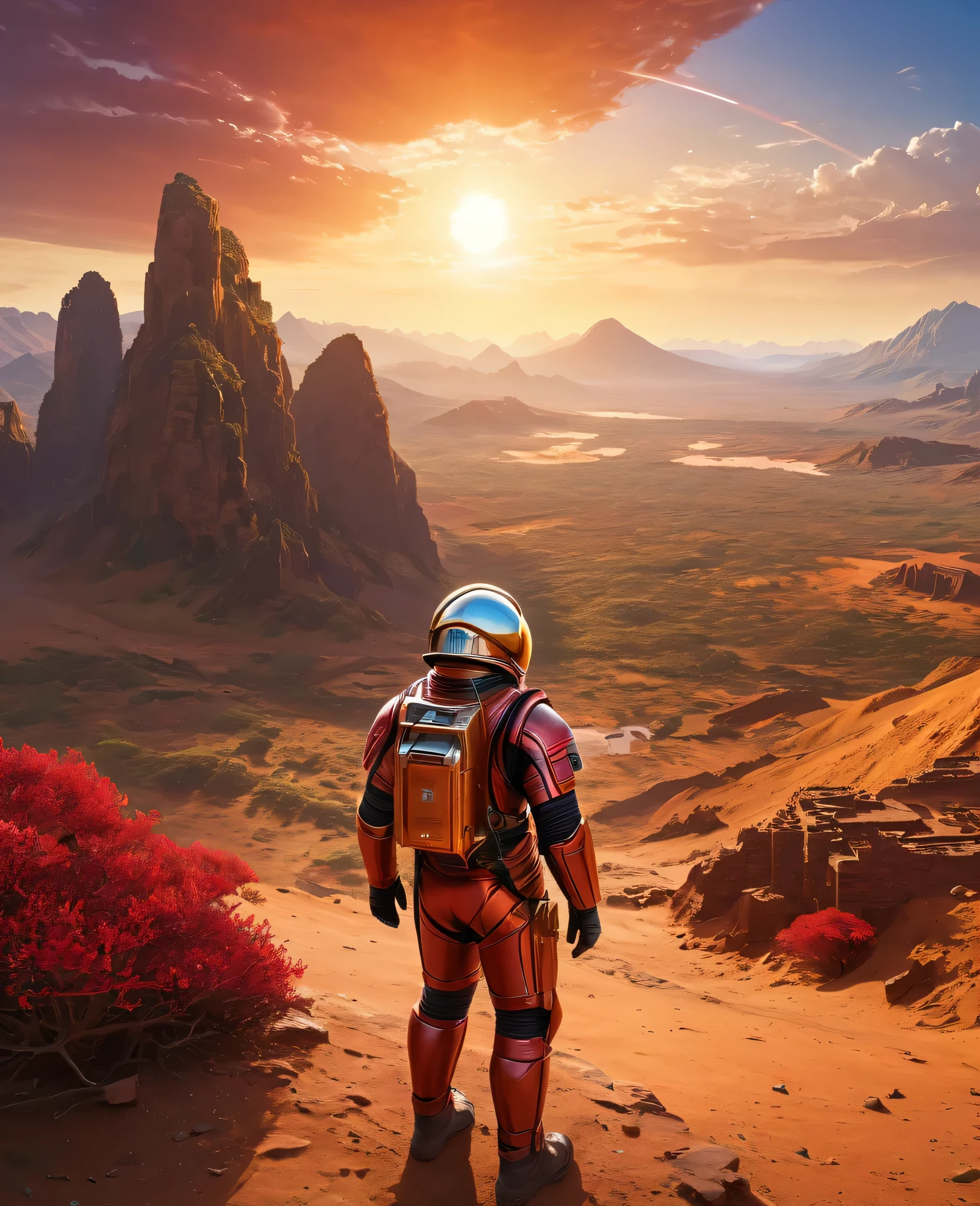 (best quality,4K,high resolution,masterpiece:1.2),Extremely detailed,Practical,photoPractical:1.37,portrait,Science Fiction,Helmet reflexes,Ancient ruins,Explorer Lake Reflection,Golden sunrise,Red Planet,Space suit,Dense vegetation,Distant Mountains,crimson skies,curiosity,,Unknown,Dust particles,Extraordinary journey,Metal surface,Ancient buildings,expedition,Sun Visor,Sparkling Sun Visor,Vast landscape,archeology,relics of the past,mystery,adventure,conspiracy,Magnificent views,Unexplored territory,explore,Uncovering Secrets,Cosmic miracles