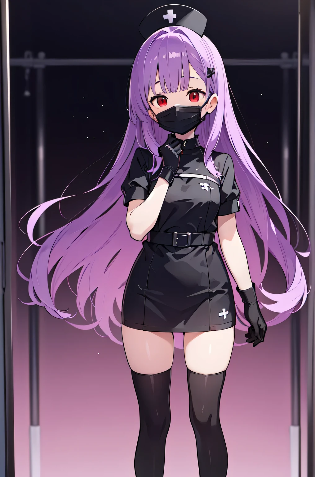 black nurse, 1woman, solo, black nurse cap, black nurse uniform, ((black legwear, zettai ryouiki)), black elbow gloves, long hair, purple hair, red eyes, ((black surgical mask, covered nose)), standing, ((surgery room)), sharp outline, short sleeves, mature female, 35 years old, best quality, masterpiece