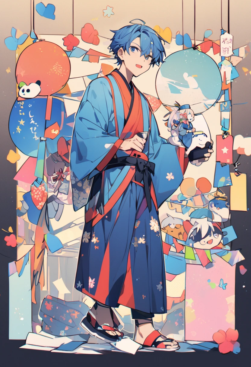 Tanabata Hikoboshi、Blue kimono full body、Please draw a cool guy