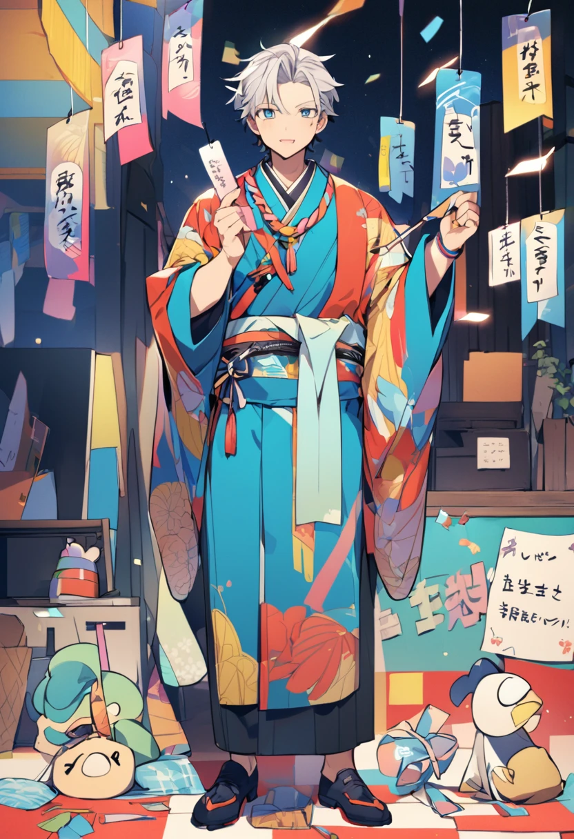Tanabata Hikoboshi、Blue kimono full body、Please draw a cool guy