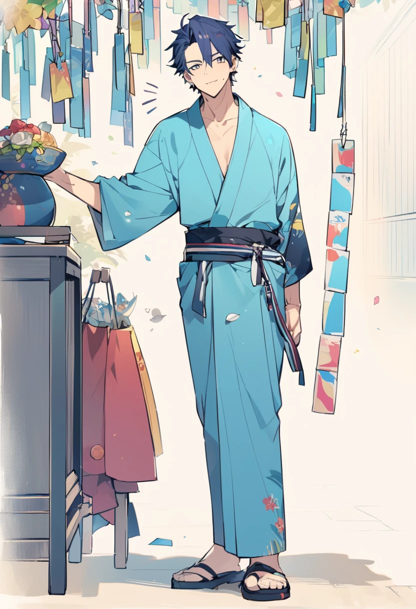 Tanabata Hikoboshi、Blue kimono full body、Please draw a cool guy