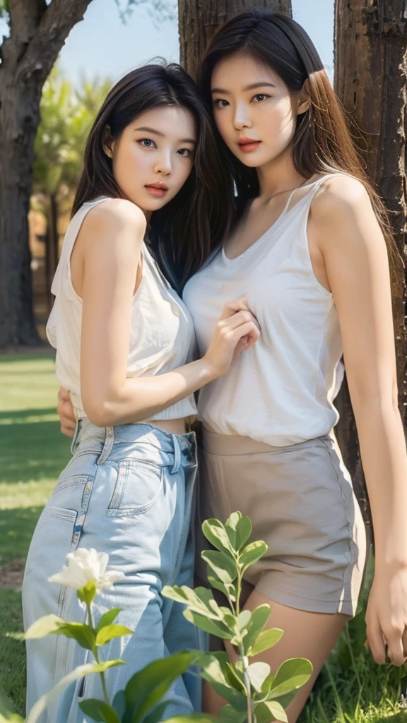 LFHDRGFJ，close-up，A pair of friends standing under a tree in the park，couple pose，[The Art of Mathematics]!,Lifelike pictures，lifelike!!!!!!Art style， Romantic couple， Cute couple， coupleportrait， couple， Beautiful style， ， Official fan art， Beautiful Art，， Produced in collaboration with animation artist studio