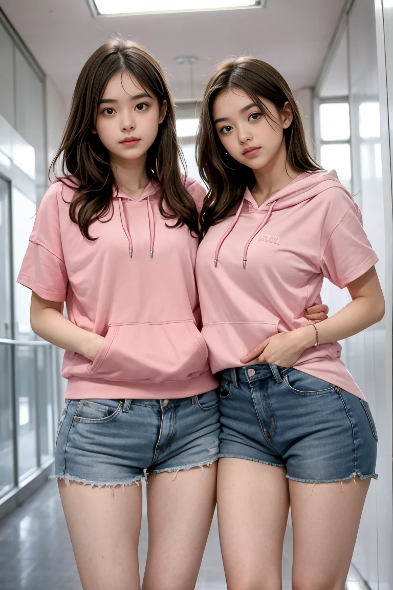 deux femmes ensemble de 18 ans sexy et mince , pink short sleeve hoodie , salle de classe, se touche,position sey,sensuel