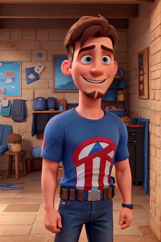 white man, 40 years old, with a poorly done goatee, messy brown hair, blue Captain America t-shirt, jeans, black sneakers, High definition, 3D Pixar Style, with a shy smile